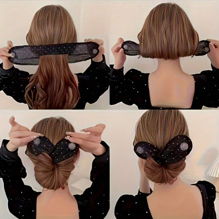 Twist-On Bun Maker, Essential Styling Tool For Women - Elegant Rhinestone-Decorated Soft Ribbon Braid Holder, Firm And Long-Lasting, Updo Hairstyle, Comfortable Fit - Black - View 1