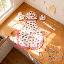 1 Set Kids Cartoon Cake Pattern Apron & Toy Set, For Boys & Girls Kitchen Cooking Baking Experience, Family Interaction, Birthday Party Gift, Christmas Holiday Gift