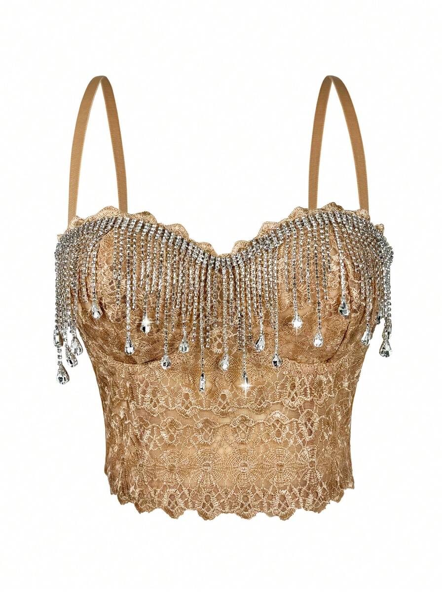 Top corto con corpetto in strass, top corset sexy in rete, reggiseno in pizzo con catena e nappe, adatto per feste e festival - Dorato - Visualizzare 1