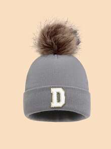 1pc Unisex 26 Letter Decor Faux Fur Pom Pom Knit Beanie Hat, Versatile Warm Windproof Casual Cap, Suitable For Autumn/Winter Outdoor Wear, Great Gift Men Women Clothing Winter