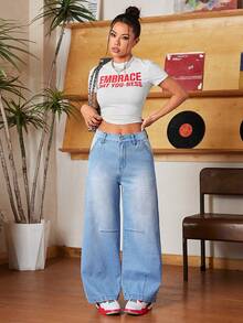 Casual Elegant Gradient Color American Street Style Denim Straight Leg Jeans With Pockets & Zipper Closure, Suitable For Everyday Wear, All Seasons Spring - Light Wash - View 8