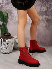 Winterliche Dicksohlen Plateau-Absatz Modische Damen High Heels Große Größen mit Schnürung, Seitlichem Reißverschluss, Einfachem Riemen-Schnallenverschluss, Modischer Studentischer College-Stil Damen Stiefel - Rot - Übersicht 7