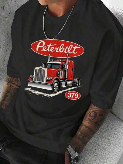 100% Algodón, Nueva Camiseta Gráfica de Camión Peterbilt para Hombre - Impresión Roja y Blanca, Camiseta Casual de Manga Corta con Números "379", Adecuada para Uso al Aire  de Fin de Semana, Ropa Casual al Aire Libre |   Camiseta gráfica llamativa |   Ajuste cómodo, camiseta de camión 180g suave