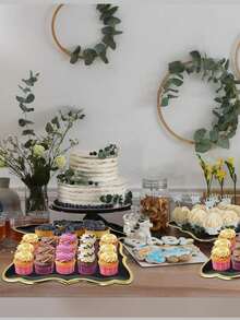 10 piezas de platos de papel rectangulares con borde dorado elegante, decoración de borde dorado, adecuado para platos de pastel, platos de galletas, bandejas de cartón grueso - Multicolor - Ver 7