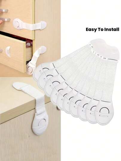 1/5/10个装塑料安全锁，带粘胶条 | 易于安装，无需钻孔，适用于抽屉和门锁，保护手指安全 | 耐用ABS塑料材质，带粘胶条 | 多功能安全防护装置，适用于橱柜、冰箱、马桶、烤箱、衣柜等
