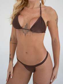 Ribbed Polyamide String Bikini With Thong And Marquinha - Rust Brown - View 1