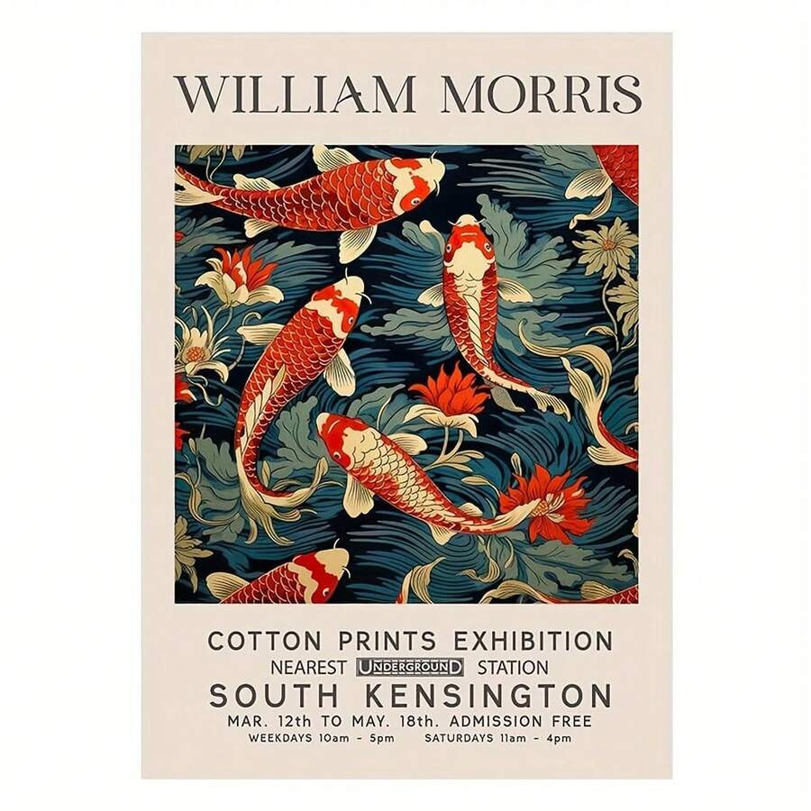 William Morris Koi Fish Exhibition Canvas Print, South Kensington Vintage Textile Art Poster, High-Quality Cloth Material, UV-Protected & Water-Resistant Wall Decor, 12x16 Inches, Unframed Rolled Canvas - Multicolor - View 1