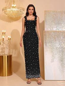 全新优雅珍珠闪亮水钻装饰手工 3D 花卉装饰方领细肩带露背紧身长款绷带连衣裙，女士正式晚礼服，适合生日派对、正式晚宴、狂欢节、复活节 - 黑色 - 查看 2