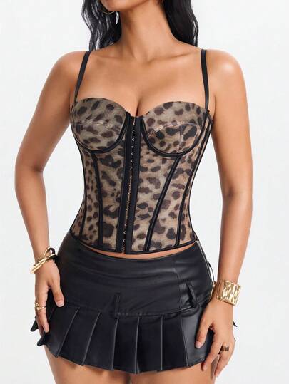 Yuwenier Fashionable Sexy Leopard Print Bustier, With Underwire Decor, Front Backless Lace-Up Camisole Crop Top, Suitable For Birthday Party Theme, Women