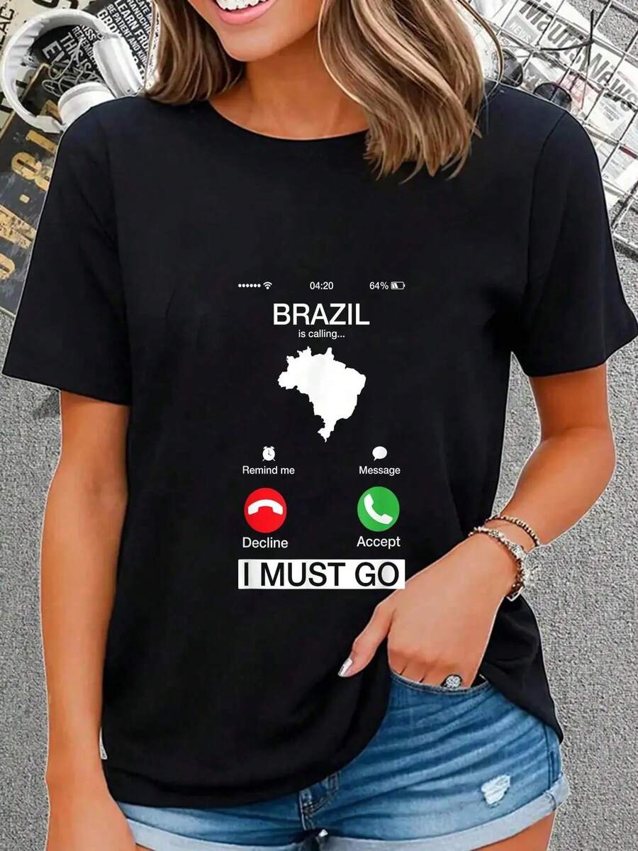 100% Cotton Brazil Is Calling And I Must Go Funny Phone Screen T-Shirt Women's Men's Summer Vacation Soft Tee Relaxed Fit Classic Comfort Tops - Black - View 1