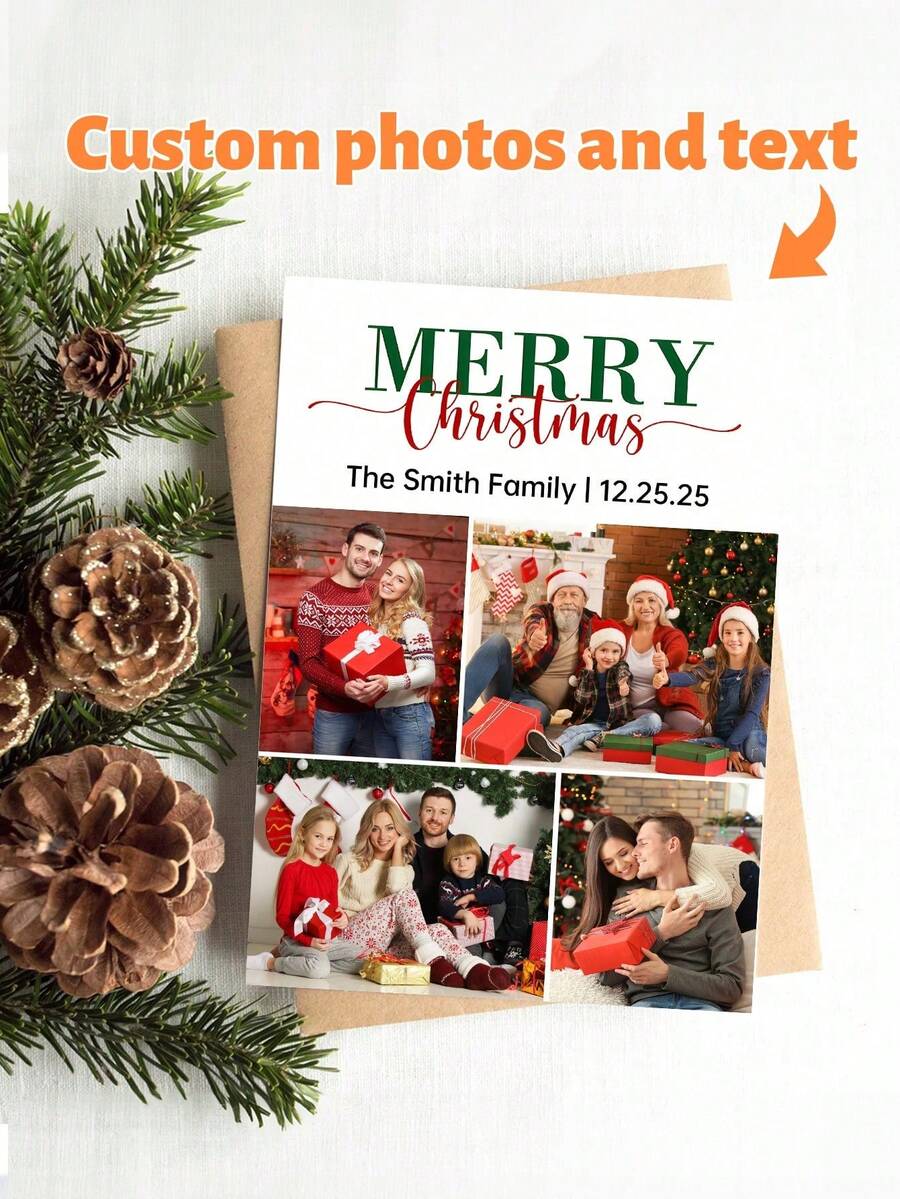 1/3pcs Customized Family Christmas Paper Greeting Cards, Personalized Photos And Text Customization, Personalized "Merry Christmas" Christmas Cards, Family Customized Christmas Cards, Christmas Cards For Family And Friends,Christmas Gift Supplies - Black and White - View 1