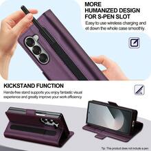 OUKNOEO Ốp điện thoại giả da thời trang công sở, phù hợp với Galaxy Z Fold 7 6 5 4 3, có khe cắm bút và 3 khe cắm thẻ, kiểu ví sang trọng chống trộm. - Màu tím - Xem 5