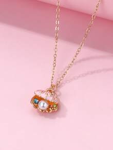 1 pieza Collar con colgante de concha de cristal de color degradado pintado de aleación de zinc para niñas, adecuado para uso diario casual - Rosa - Ver 3