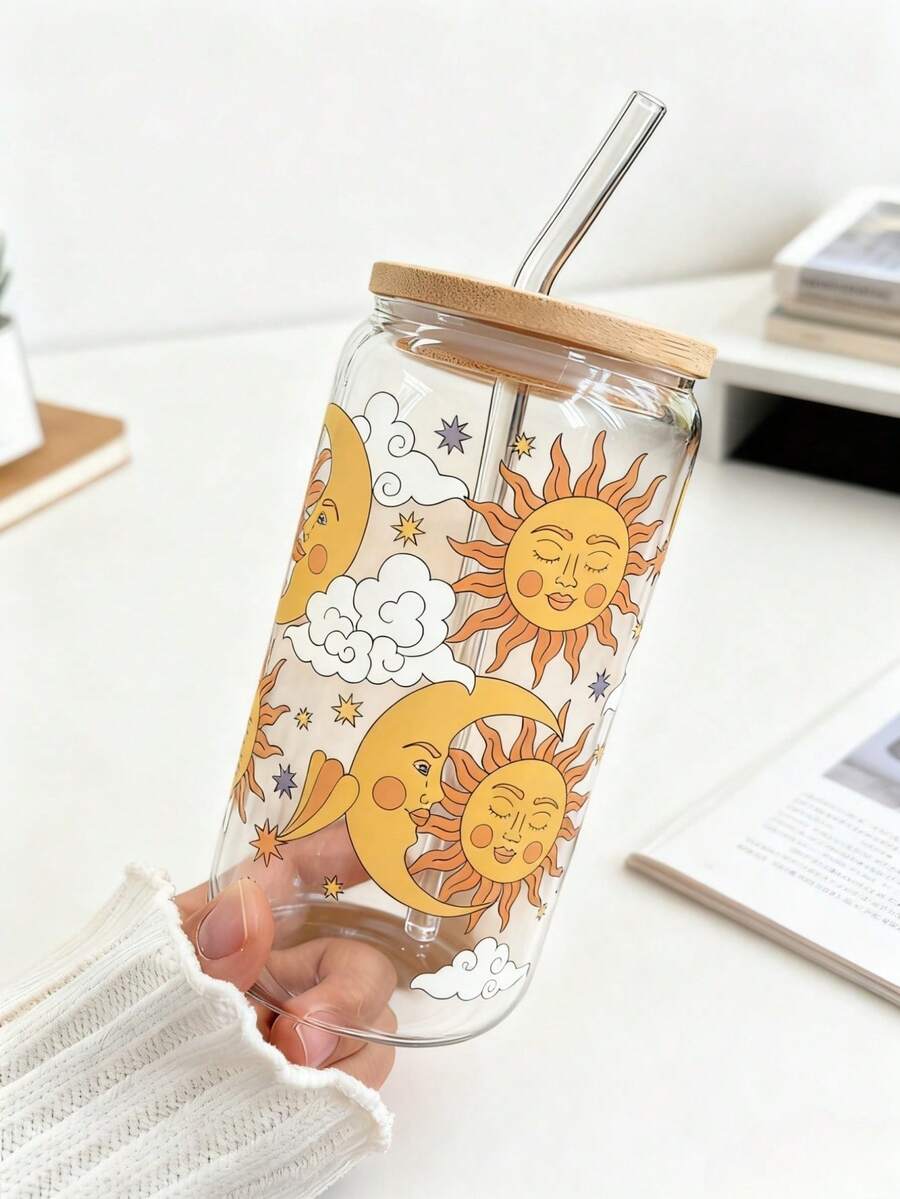 1 件 16 盎司玻璃咖啡杯（带吸管），太阳和月亮设计，饮料杯（带吸管），抹茶咖啡杯（带吸管）