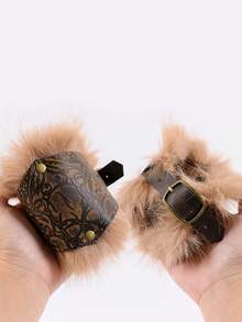 2件装PU皮革维京护腕：仿毛皮镶边骷髅印花盔甲，适合角色扮演游戏、文艺复兴集市和角色扮演活动 - A - 查看 6