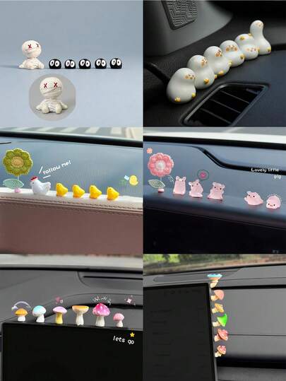 6pcs/Set Funny Car Dashboard Bobblehead Duck Decor, Forest Mushroom Rearview Mirror Ornament, Window Mummy Ball Decor, Flower & Glow-In-The-Dark Piggy Combo, Flower & Chick Combo Decor, Cute Decorations For Car, Home And Office Gifts