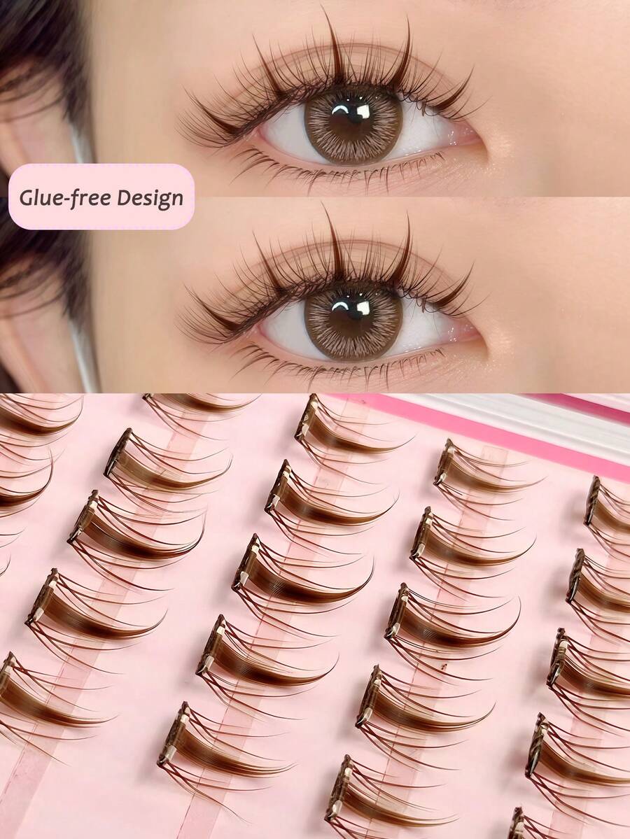 100pcs C-Curl Natural Brown Cartoon Fairy Soft False Eyelashes, Glue-Free, Suitable For Beginners, Cute Segmented Fake Lashes By Asiteo - C - View 1