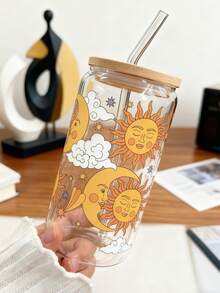1 件 16 盎司玻璃咖啡杯（带吸管），太阳和月亮设计，饮料杯（带吸管），抹茶咖啡杯（带吸管） - 金色 - 查看 13