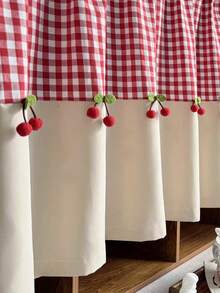 1pc Red Buffalo Check Kitchen Curtain Valances For Windows Farmhouse Half Window Curtains Cherry Pom Poms Short Curtain For Bathroom Small Windows - Multicolor - View 6