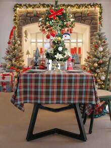 1pc Burgundy Plaid Woven Tablecloth, Vintage Country Style For Kitchen Decor, Rectangular Dining Table, Coffee Table, TV Stand, Foyer Multipurpose Cover Cloth, Suitable For Dining Room, Living Room, Holiday Gathering, Birthday Party, Dinner, Home Decor, Christmas Decoration - Multicolor - View 3