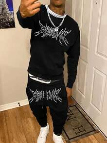 Men Simple Print Long Sleeve Crew Neck Sweatshirt And Pants Casual Loose Set, Fall Clothes, Winter