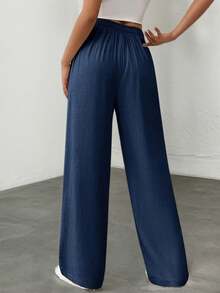Light Blue Linen Drawstring Waist Wide Leg Pants Casual High Waist Baggy Trousers For Women - Blue - View 4