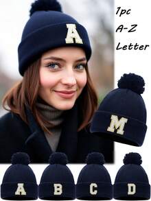 1pc Unisex A-Z Letter Knit Beanie Hat, Personalized Versatile Winter Knit Cap, Suitable For Autumn/Winter Daily Wear - Navy Blue - View 1