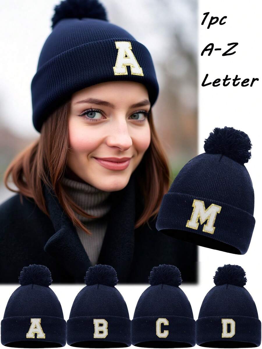 1pc Unisex A-Z Letter Knit Beanie Hat, Personalized Versatile Winter Knit Cap, Suitable For Autumn/Winter Daily Wear - Navy Blue - View 1