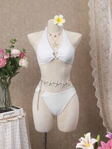 Bellisia 夏季沙滩心形戒指装饰挂脖比基尼泳装套装 - 白色 - 查看 4