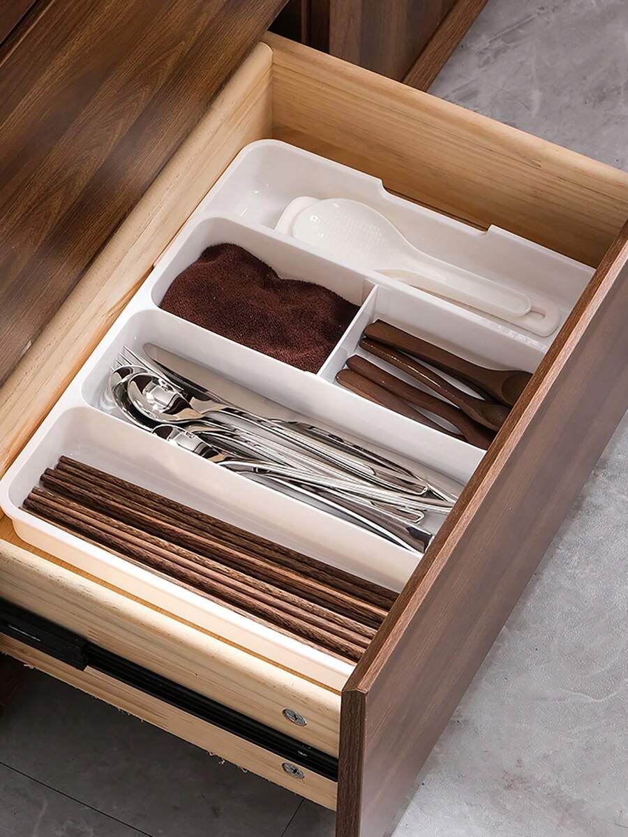 1pc Expandable Flat Cutlery Storage Box, Cabinet Drawer Organizer, Made Of Plastic PP Material, Compartment Tray For Storing Chopsticks, Utensils, Kitchen Tools In Cabinet Drawers - Nhiều màu - Xem 1