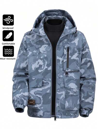 1 szt. męska kurtka sportowa wiosenno-jesienna w kamuflażu, wiatroszczelna i wodoodporna, lekka, z kapturem, odpowiednia na co dzień i na zajęcia na świeżym powietrzu