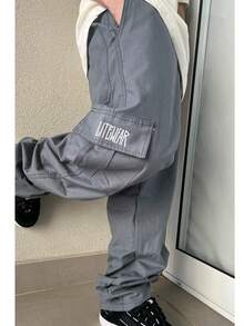 LITTWEAR Men's Oversized Streetwear 5-Pocket Printed Twill Cargo Pants - Xám - Xem 4