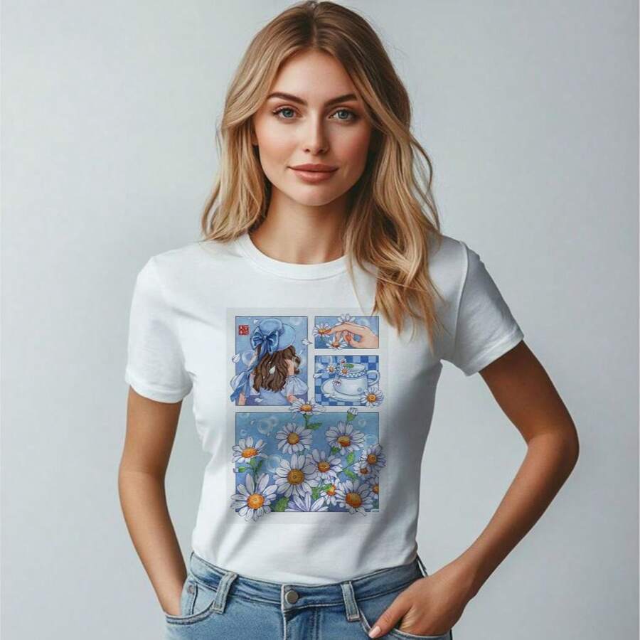Blusa t-shirt, flores azuis,  plus size - Branco - Visão 1