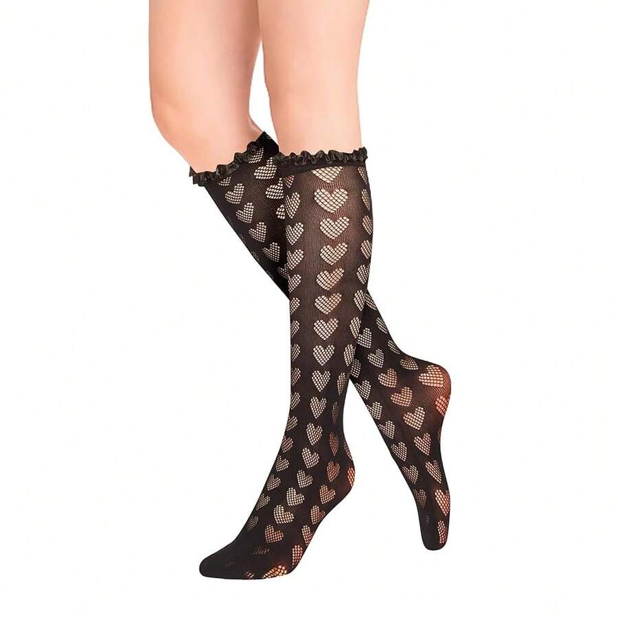 Benefeet Sox Lace Knee High Socks Women Girls Patterned Mesh Fishnet Knee High Stockings Hollow Calf Lolita Sock{"Color_name":"Black-Heart"} - 黑心 - 查看 1