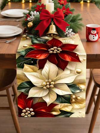 1 Pc Red & White Poinsettia Christmas Table Runner, Festive Style Polyester Rectangular Table Flag With Vivid Gold Accents, Bell & Bow Details, Washable For Dining Table Decor, Perfect As Christmas Table Decoration, Holiday Party Table Accent & Suitable For Christmas Celebrations, Winter Festive Dinners, Home & Party Table Decor