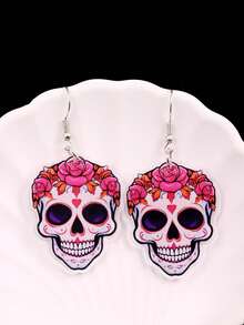 1 对哥特式花卉骷髅吊坠耳环，色彩鲜艳百搭的时尚朋克女士珠宝，适合万圣节、亡灵节、派对和日常佩戴