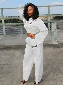 Steph T Set de 3 piezas de mujer con top corto de manga larga básico liso, camiseta y pantalones de pierna ancha, conjunto informal para otoño e invierno