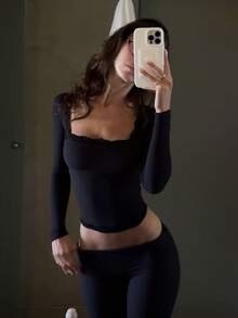 黑色蕾丝边方领修身吊带长袖上衣 - 黑色 - 查看 4