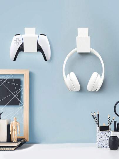 No-Drill Self-Adhesive Game Controller Holder, Headphone Stand For Gaming Controller, L-Shaped Computer Headphone Hanger For Internet Cafe, Wall-Mounted Desk-Mounted Headset Hook Earphone Storage Rack