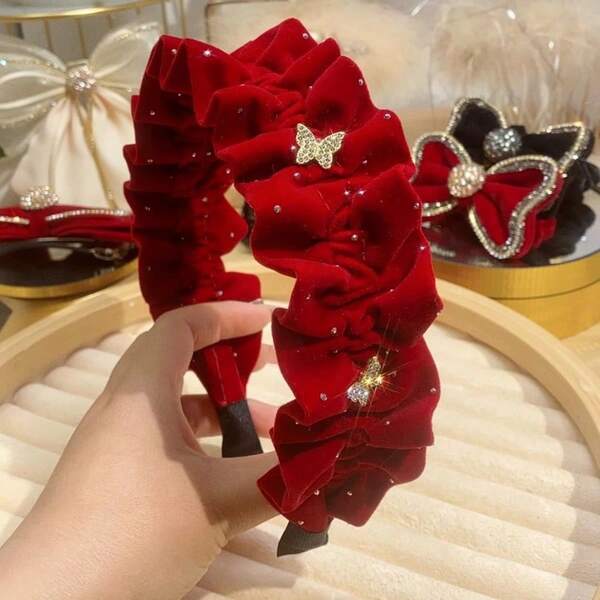 2 Stück Samt Schleife Plissee Haarband, breites Haarband, Weihnachtsdekoration hochkroniger vielseitiger Outdoor Haarreif, eleganter Haarreif Weihnachten Neujahr Haaraccessoire Geschenk