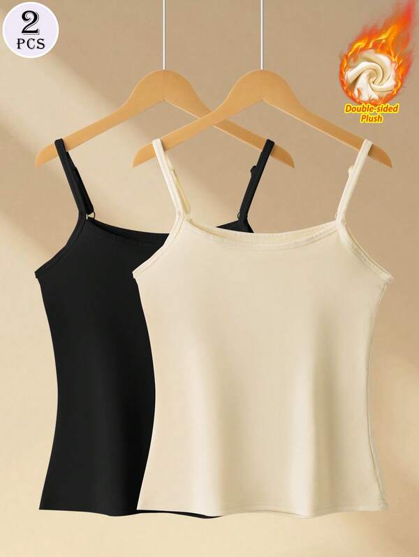 2pcs Women's Thermal Underwear Set, Women's Thermal Top, Adjustable Shoulder Straps, Solid Color