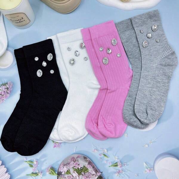 1 par/2 pares/3 pares/4 pares de meias femininas, meias femininas de cano médio com strass brilhantes, respiráveis e duráveis, meias femininas casuais da moda - meias femininas macias, confortáveis e fofas para primavera, verão, outono e inverno, adequadas para presentes femininos para encontros e festas, festas da moda, presentes para mulheres