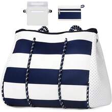 Large Multipurpose Neoprene Beach Tote Bag With Inner Pocket Women/Pool - C3-dark Blue Stripes - View 9
