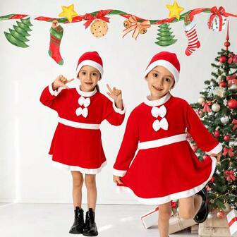Tjejjulkostym, Tjejjulvacker klänning,Barnröd klassisk klänning till julfest