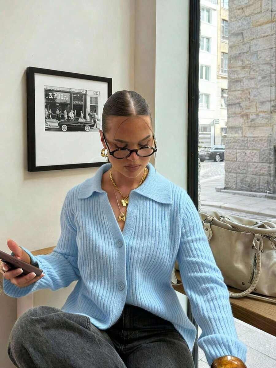 Senya 女士秋冬新款芥末黄翻领纽扣长袖针织开衫，竖条纹休闲宽松套头毛衣，日常穿着及通勤针织外套 - 藍色 - 查看 1