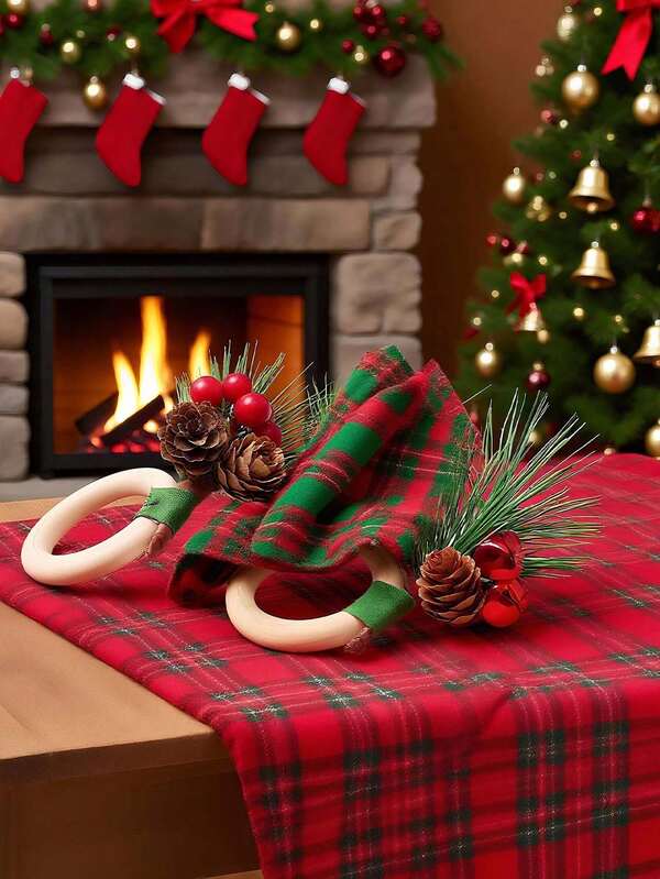 2pcs/5PCS Best Christmas Crafts Art Ornaments Decor Gift Artificial Pine Needles Red Berry Pine Cones Wooden Ring Napkin Rings Home Decoration,Funny Winter Xmas Plastic Craft Needles Holder Presents For Indoor Outdoor Friend Wedding Favours Accessories Engagement Party Birthday Living Room Bedroom House Table Decorations Items Supplies Fake Plants Small Wreaths Holiday Festival Essentials Personalised Gifts For Women