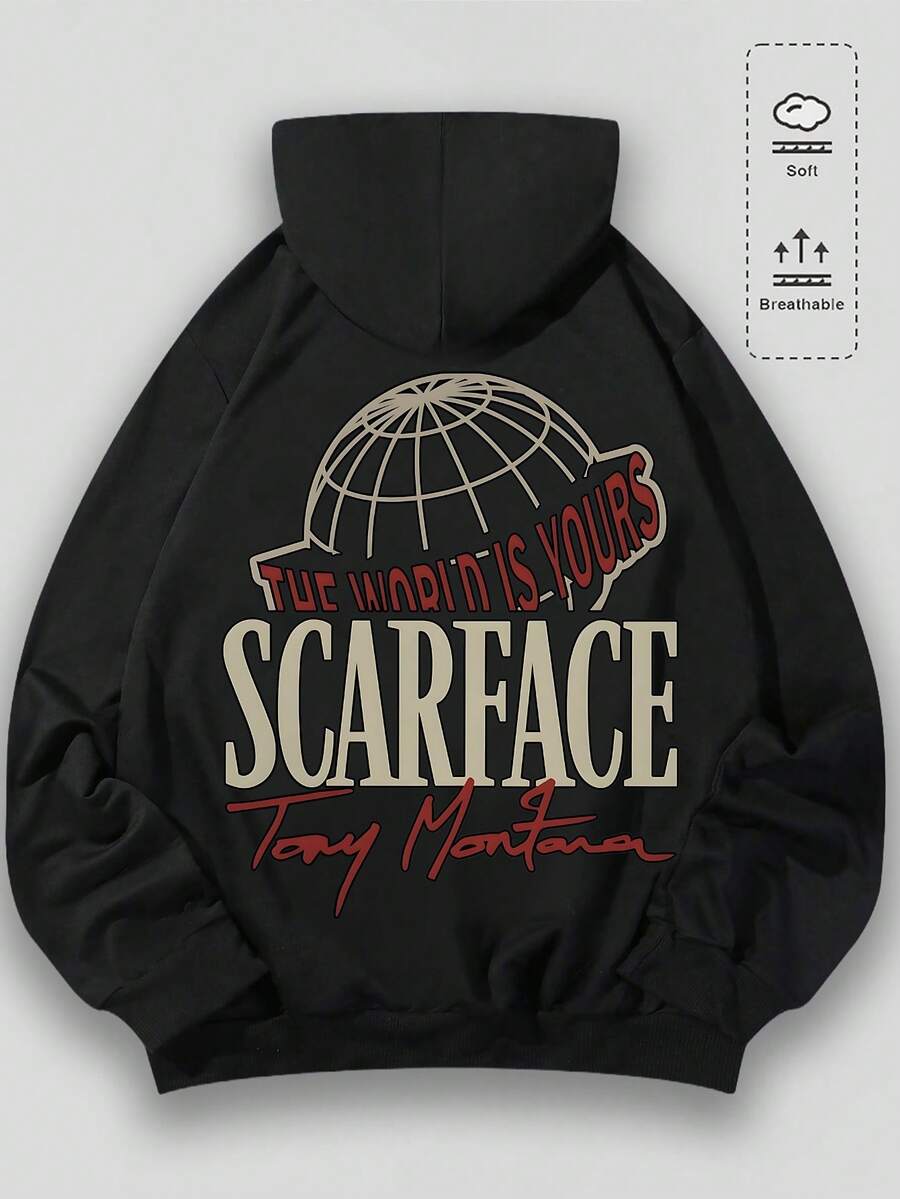 Men's Hoodie, Retro, "Scarfac E" Themed, Graphic Print, Pattern, Loose Fit, Long Sleeved, Top 009 - B - 黑色 - 查看 1