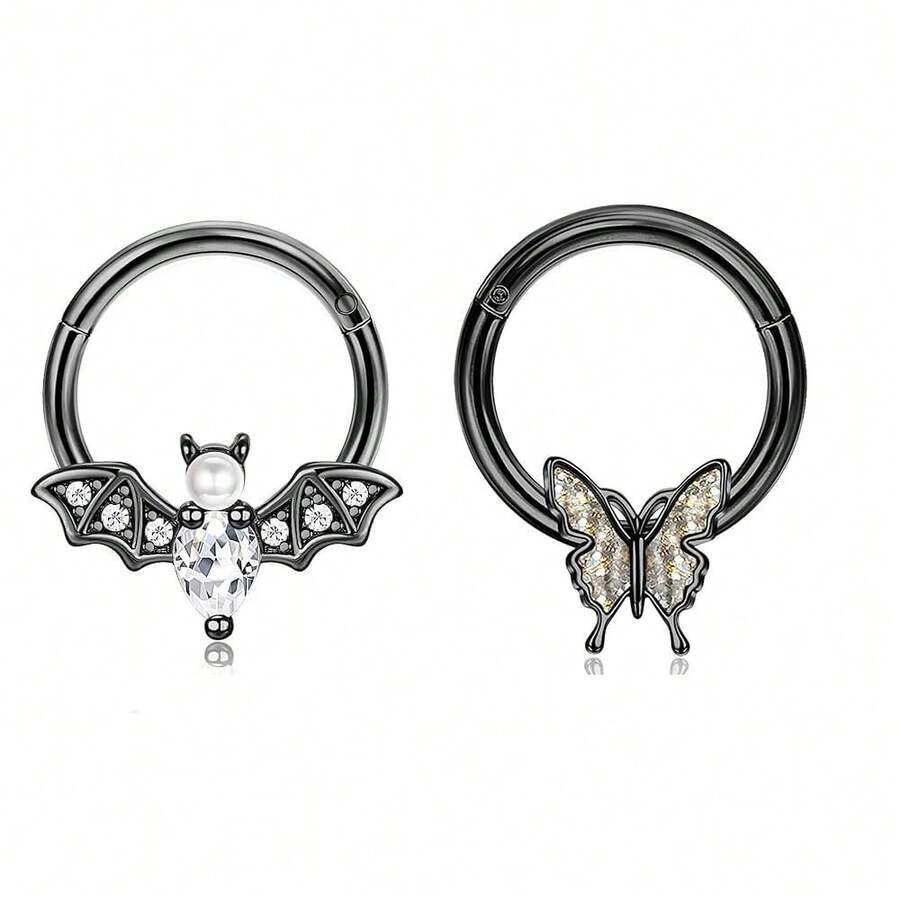 Daith Piercing Jewelry,Bat Septum Rings 16G Septum Jewelry Dragon Claw Nose Rings Helix Piercing Jewelry Daith Jewelry Cartilage Piercing Jewelry Septum Clicker Rook Piercing Jewelry Butterfly Septum Piercings Tragus Piercing Jewelry Daith Earring Septum Piercing Jewelry For Women Men{Inchcolor_nameinch:InchI-2Pcs-BlackBat-BlackButterflyinch} - I-2Pcs-黑蝙蝠-黑蝴蝶 - 查看 1