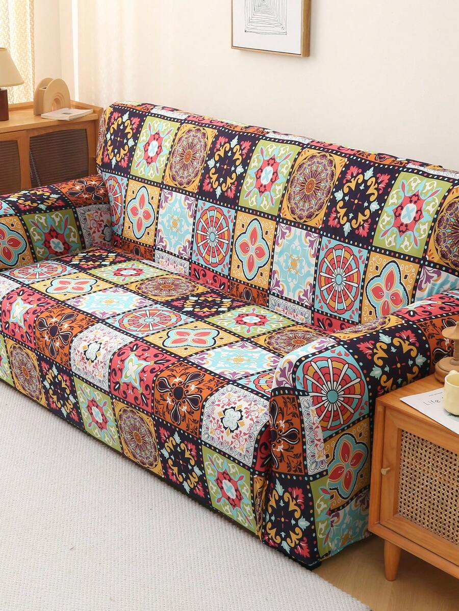 1pc Geometric Pattern Printed Elastic Sofa Cover For All Seasons, Suitable For Living Room Sofa Protection, Home Decoration