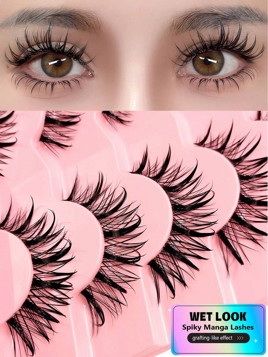 Asiteo 5 Pairs New Design Manga Wet Look Lashes Anime Lashes Clear Band Wispy Natural Long Faux Mink Lash Thick Cross Soft Full Strip Eyelashes - 尖尾漫畫款 - 查看 1
